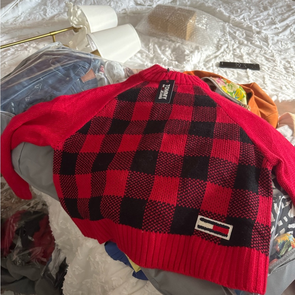 Tommy Hilfiger Red and Black Checkered Crewneck Sweater